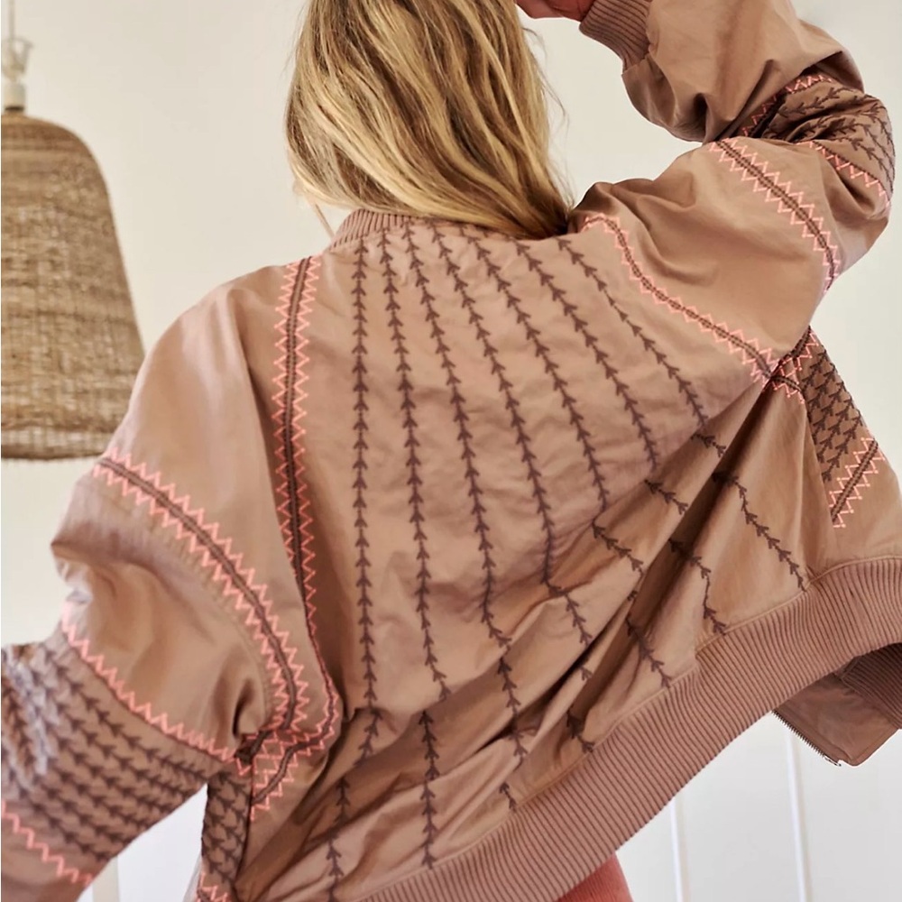 FP Movement by Free People Rust Brown Bomber Jacket with Pink Contrast Stitching - Picture 11 of 11